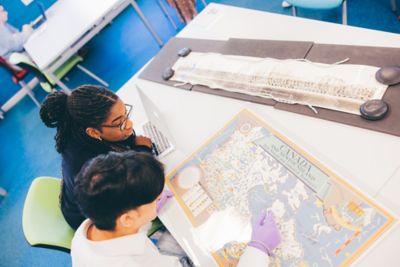Devraj Jheet and Ann Marie Ekuban in the Manuscripts and Special Collections reading room, Kings Meadow campus (KMC)