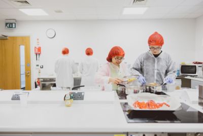 Undergraduate students working on new food product developments. Brewing and Bioenergy Building, Sutton Bonington